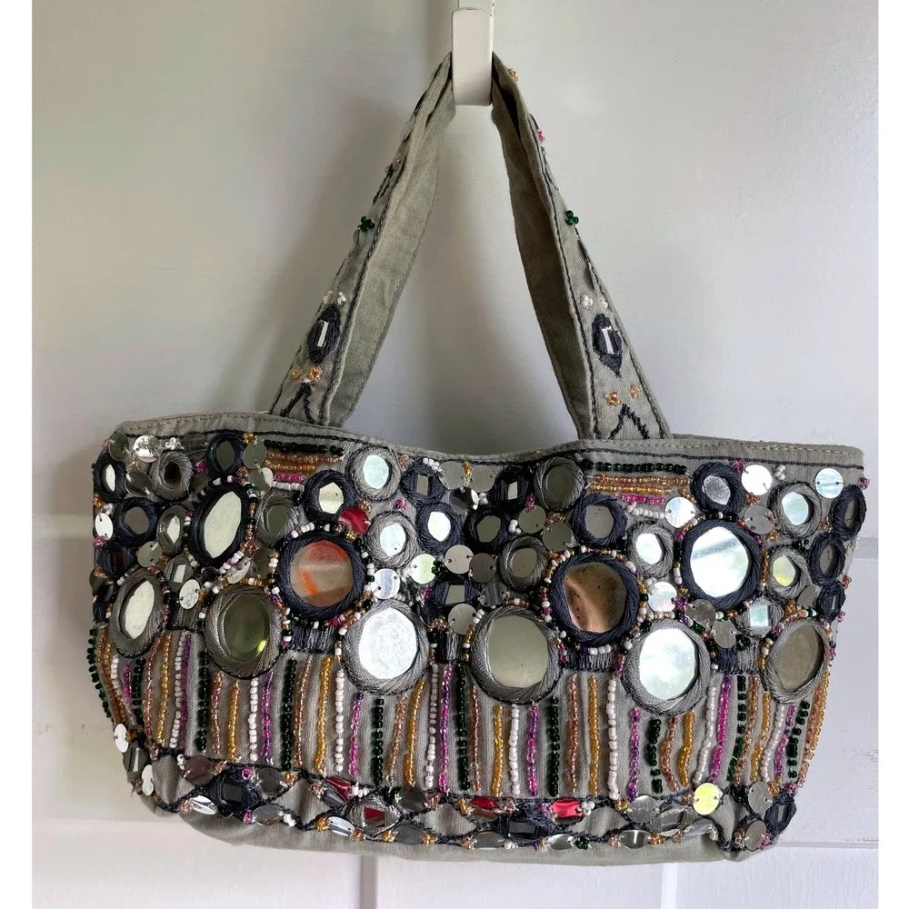 XOXO Vintage Y2K Boho Shisha Mirror Embellished Beaded Cotton Mini Tote Bag Gray - Picture 2 of 10